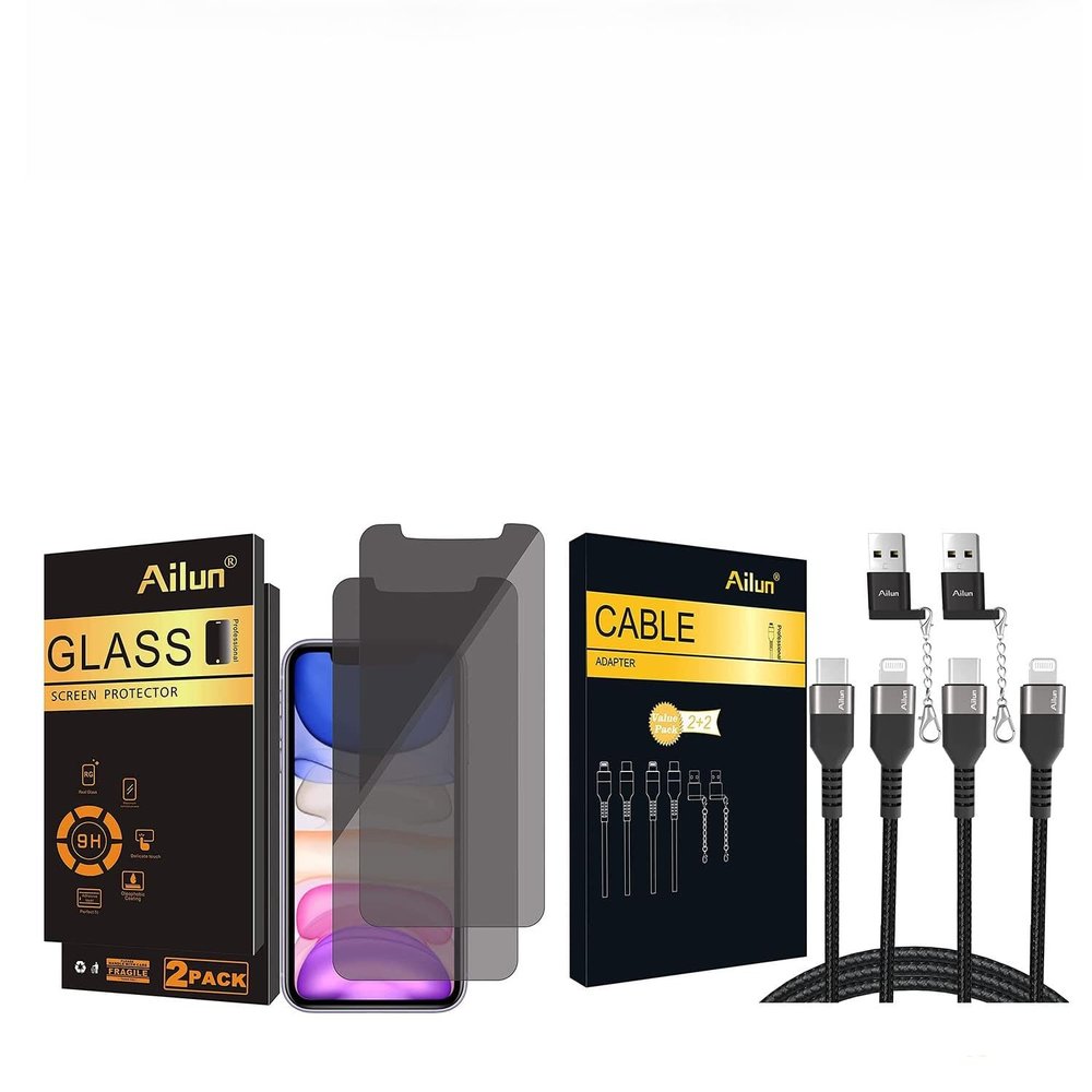 Ailun Privacy Screen Protector Compatible for iPhone 11/iPhone XR 6.1Inch 2 Pack Tempered Glass and USB C to Lightning Cable 2Pack and USB C Female to USB A Male Adapter