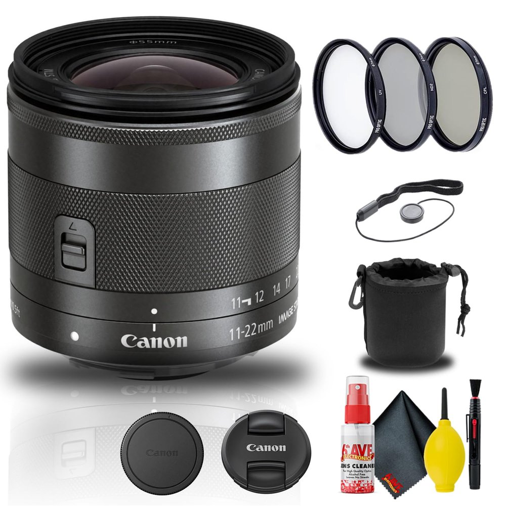 Canon EF-M 11-22mm f/4-5.6 is STM Lens (7568B002) + Filter Kit + Lens Pouch + Cap Keeper + Cleaning Kit + More (Renewed)