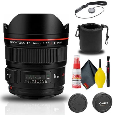 Canon EF 14mm f/2.8L II USM Lens (2045B002) + Lens Pouch + Cap Keeper + Cleaning Kit + More (Renewed)
