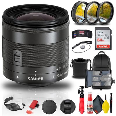 Canon EF-M 11-22mm f/4-5.6 is STM Lens (7568B002) + Filter Kit + Backpack + 64GB Card + Lens Pouch + Card Reader + Tripod + Memory Wallet + Cap Keeper + Cleaning Kit + Hand Strap + More (Renewed)