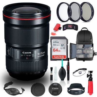 Canon EF 16-35mm f/2.8L III USM Lens (0573C002) + Filter Kit + Backpack + 64GB Card + Card Reader + Flex Tripod + Memory Wallet + Cap Keeper + Cleaning Kit + Hand Strap + More (Renewed)