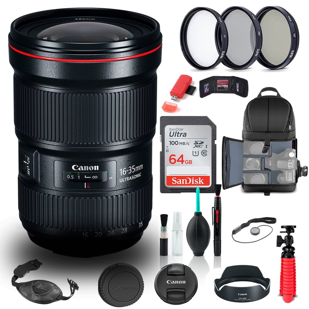 Canon EF 16-35mm f/2.8L III USM Lens (0573C002) + Filter Kit + Backpack + 64GB Card + Card Reader + Flex Tripod + Memory Wallet + Cap Keeper + Cleaning Kit + Hand Strap + More (Renewed)