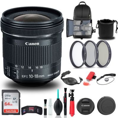 Canon EF-S 10-18mm f/4.5-5.6 is STM Lens (9519B002) + Filter Kit + Backpack + 64GB Card + Lens Pouch + Card Reader + Tripod + Memory Wallet + Cap Keeper + Cleaning Kit + Hand Strap + More (Renewed)