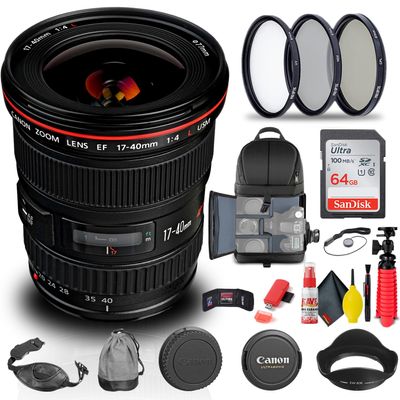 Canon EF 17-40mm f/4L USM Lens (8806A002) + Filter Kit + Backpack + 64GB Card + Card Reader + Flex Tripod + Memory Wallet + Cap Keeper + Cleaning Kit + Hand Strap + More (Renewed)