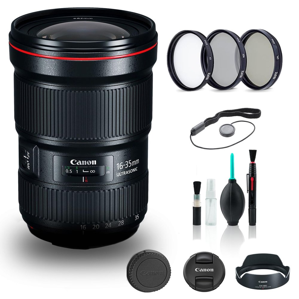 Canon EF 16-35mm f/2.8L III USM Lens (0573C002) + Filter Kit + Cap Keeper + Cleaning Kit + More (Renewed)