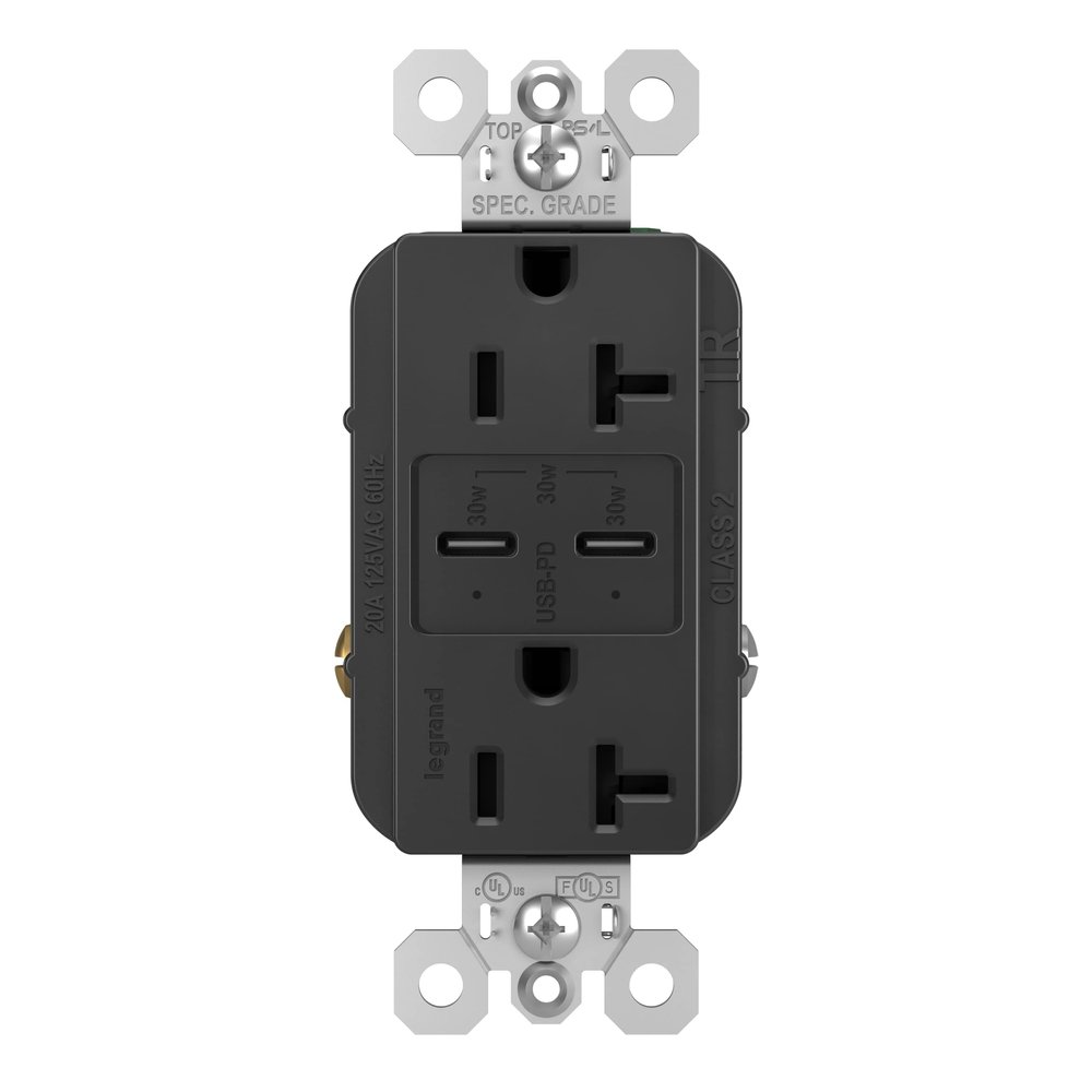 Pass & Seymour TR20USBPDBK Power Delivery USB Outlet, Black