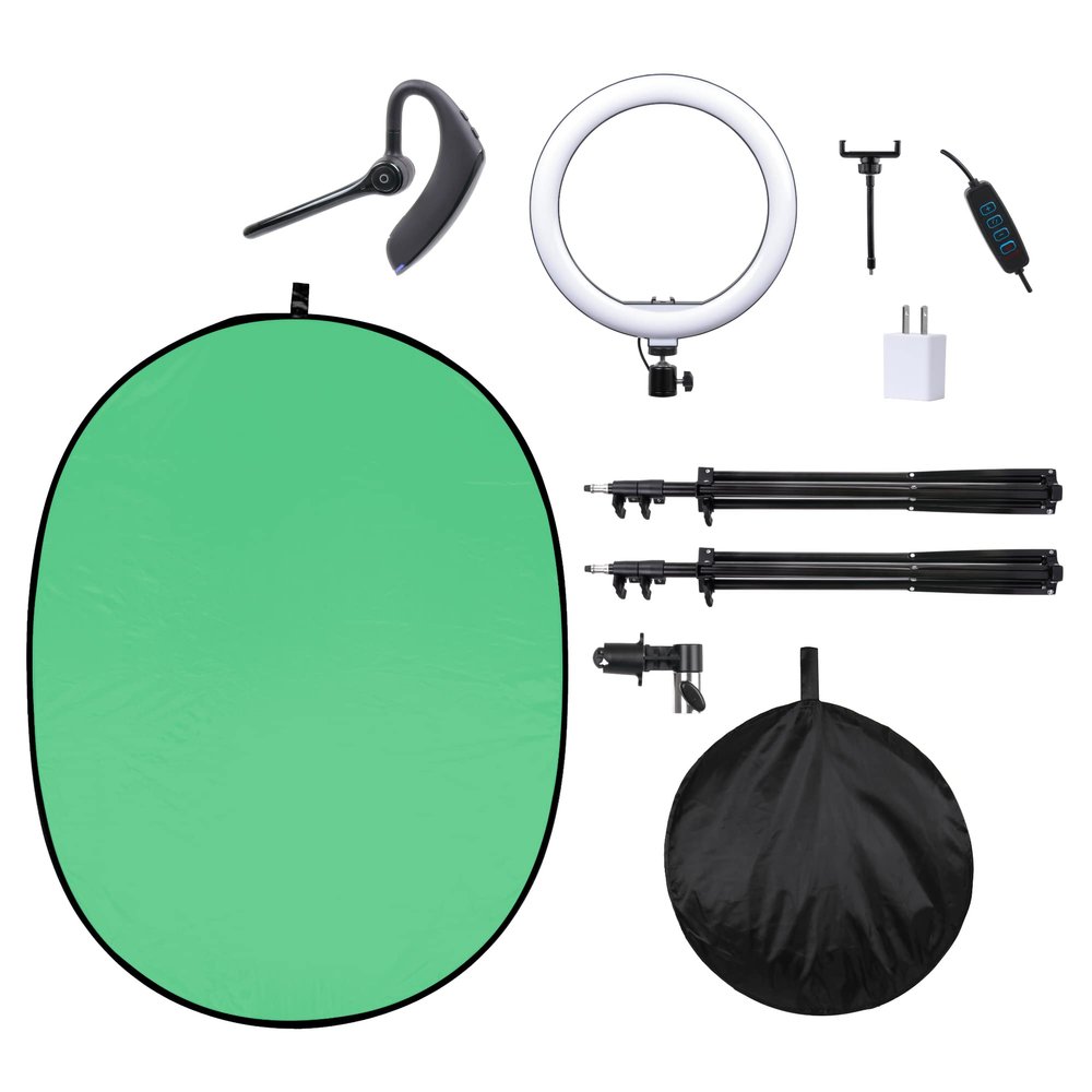 Video Conference Kit Basics for Hybrid/Remote Work on Zoom, Teams, WebEx, GoToMeeting, Skype, Google Meets, OBS (Ring Light with Stand, Chromakey Green Screen, Bluetooth Headset)