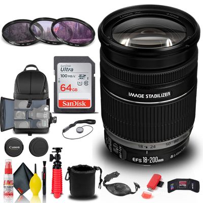 Canon EF-S 18-200mm f/3.5-5.6 is Lens (2752B002) + Filter Kit + Backpack + 64GB Card + Lens Pouch + Card Reader + Flex Tripod + Memory Wallet + Cap Keeper + Cleaning Kit + Hand Strap + More (Renewed)