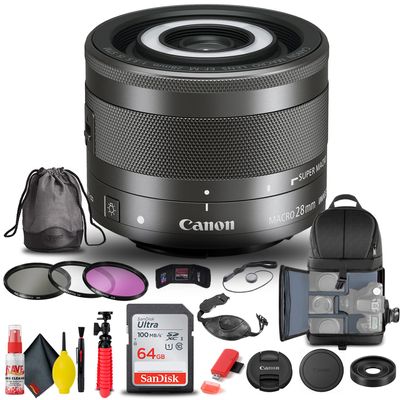 Canon EF-M 28mm f/3.5 Macro is STM Lens (1362C002) + Filter Kit + Backpack + 64GB Card + Lens Pouch + Card Reader + Tripod + Memory Wallet + Cap Keeper + Cleaning Kit + Hand Strap + More (Renewed)