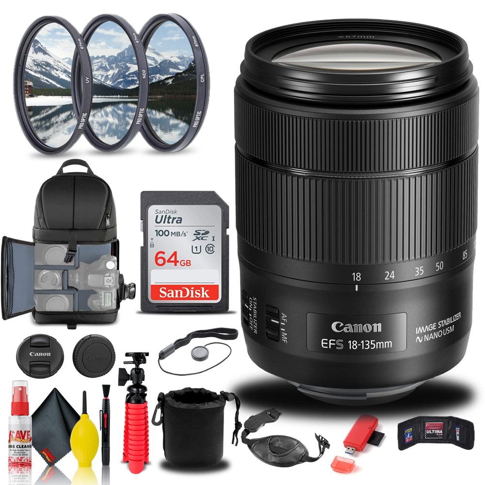 Canon EF-S 18-135mm f/3.5-5.6 is USM Lens (1276C002) + Filter Kit + Backpack + 64GB Card + Lens Pouch + Card Reader + Tripod + Memory Wallet + Cap Keeper + Cleaning Kit + Hand Strap + More (Renewed)