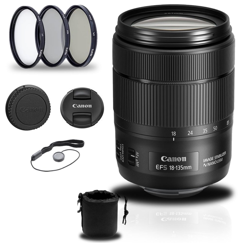 Canon EF-S 18-135mm f/3.5-5.6 is USM Lens (1276C002) + Filter Kit + Lens Pouch + Cap Keeper + More (Renewed)