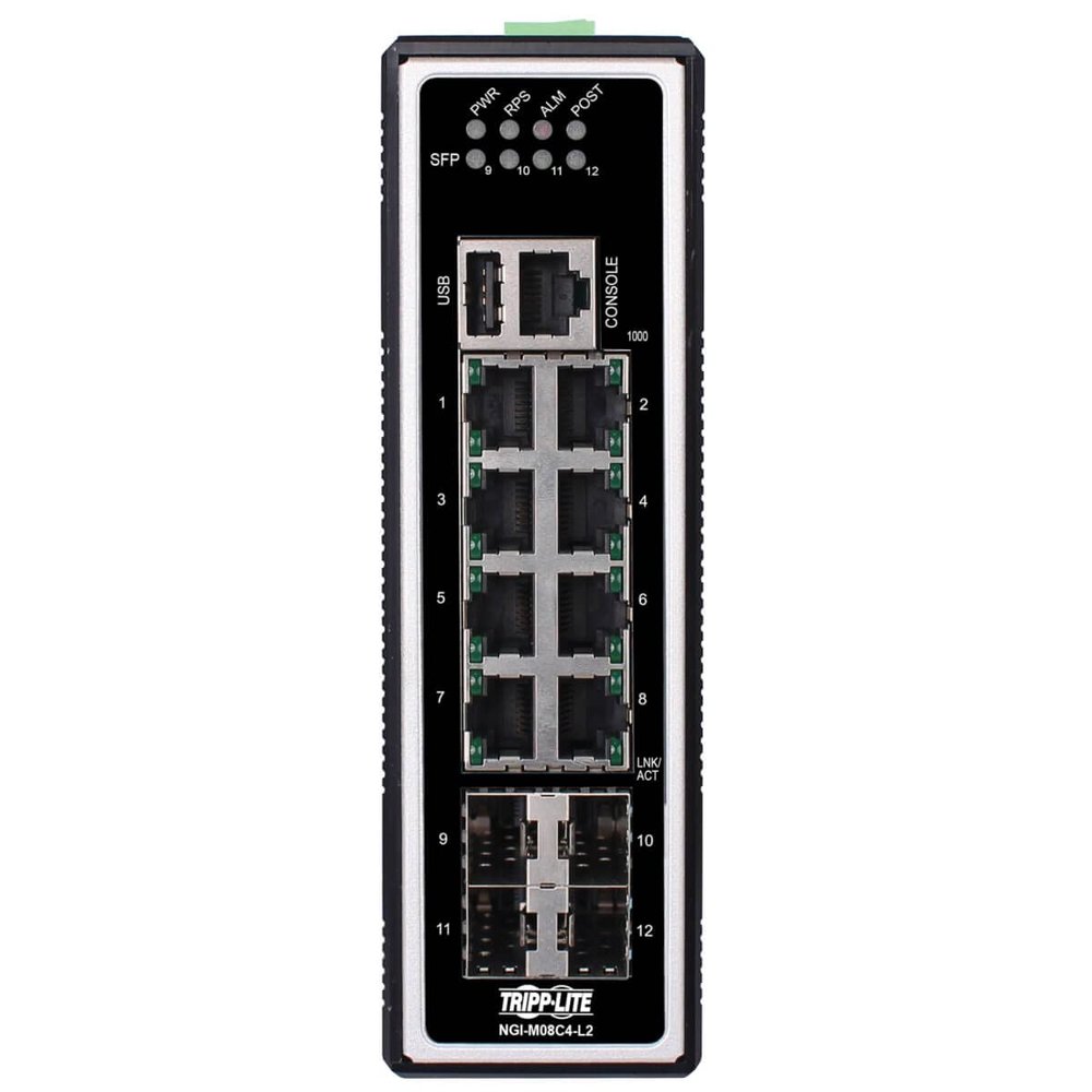 Tripp Lite Industrial 8-Port Managed Gigabit Ethernet Switch, 4 SFP GbE Slots, 10/100/1000 Megabit RJ45 Ports, -40 to 167F Temperature Range, 3-Year Manufacturer's Warranty (NGI-M08C4-L2)