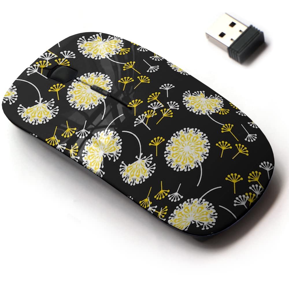 2.4G Wireless Mouse with Cute Pattern Design for All Laptops and Desktops with Nano Receiver - Black White Dandelion Flowers