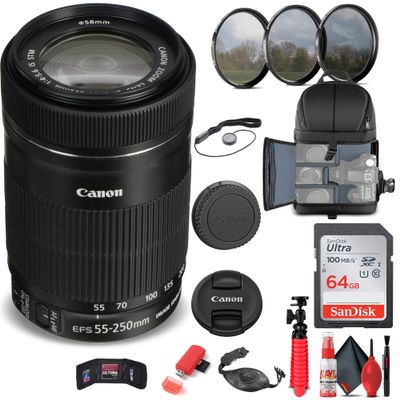 Canon EF-S 55-250mm f/4-5.6 is STM Lens (8546B002) + Filter Kit + Backpack + 64GB Card + Card Reader + Flex Tripod + Memory Wallet + Cap Keeper + Cleaning Kit + Hand Strap + More (Renewed)