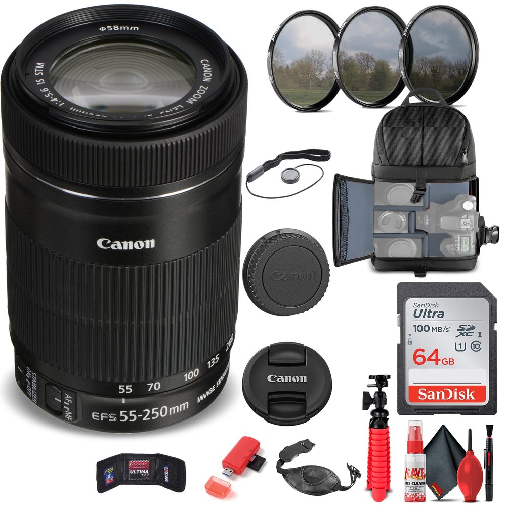 Canon EF-S 55-250mm f/4-5.6 is STM Lens (8546B002) + Filter Kit + Backpack + 64GB Card + Card Reader + Flex Tripod + Memory Wallet + Cap Keeper + Cleaning Kit + Hand Strap + More (Renewed)