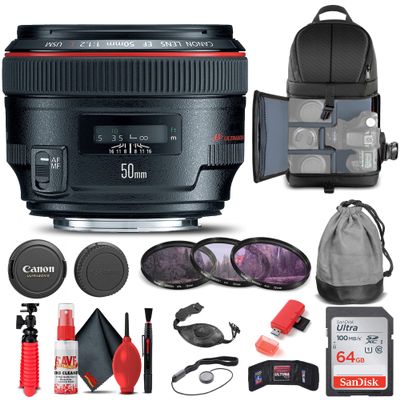 Canon EF 50mm f/1.2L USM Lens (1257B002) + Filter Kit + Backpack + 64GB Card + Card Reader + Flex Tripod + Memory Wallet + Cap Keeper + Cleaning Kit + Hand Strap + More (Renewed)