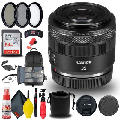 Canon RF 35mm f/1.8 is Macro STM Lens (2973C002) + Filter Kit + Backpack + 64GB Card + Lens Pouch + Card Reader + Flex Tripod + Memory Wallet + Cap Keeper + Cleaning Kit + Hand Strap + More (Renewed)