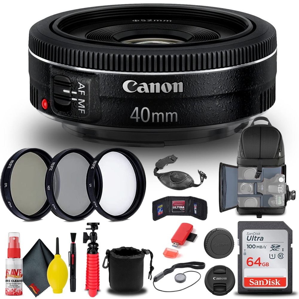 Canon EF 40mm f/2.8 STM Lens (6310B002) + Filter Kit + Backpack + 64GB Card + Lens Pouch + Card Reader + Flex Tripod + Memory Wallet + Cap Keeper + Cleaning Kit + Hand Strap + More (Renewed)