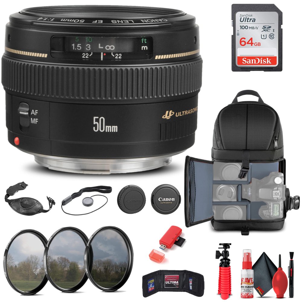 Canon EF 50mm f/1.4 USM Lens (2515A003) + Filter Kit + Backpack + 64GB Card + Lens Pouch + Card Reader + Flex Tripod + Memory Wallet + Cap Keeper + Cleaning Kit + Hand Strap + More (Renewed)