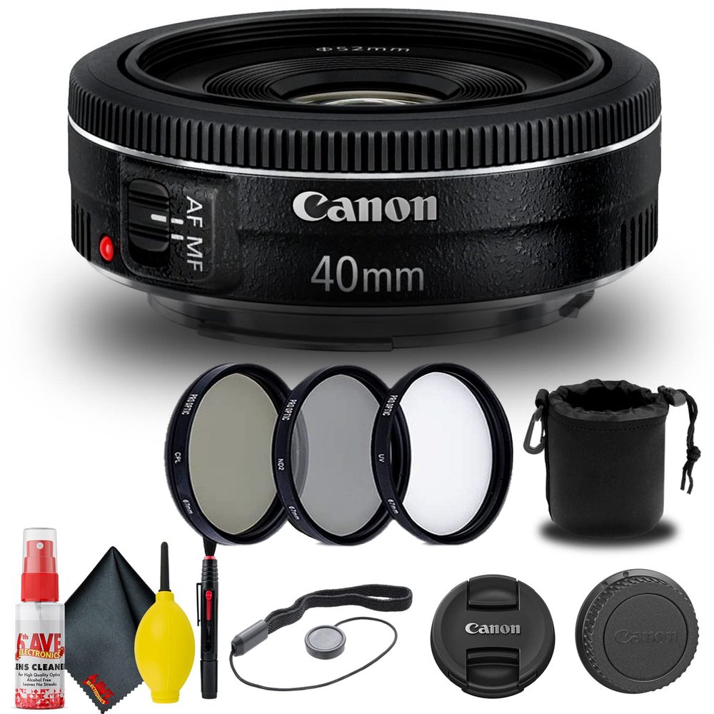 Canon EF 40mm f/2.8 STM Lens (6310B002) + Filter Kit + Lens Pouch + Cap Keeper + Cleaning Kit + More (Renewed)
