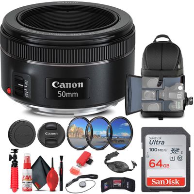 Canon EF 50mm f/1.8 STM Lens (0570C002) + Filter Kit + Backpack + 64GB Card + Card Reader + Flex Tripod + Memory Wallet + Cap Keeper + Cleaning Kit + Hand Strap + More (Renewed)