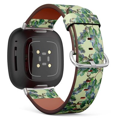 CJBROES Replacement Leather Watch Band, Compatible with Fitbit Versa 3 and Fitbit Sense of Wristband Bracelet Accessory - Branch Oak Tree Leaves