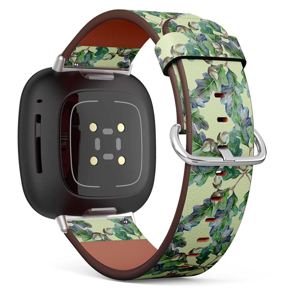 CJBROES Replacement Leather Watch Band, Compatible with Fitbit Versa 3 and Fitbit Sense of Wristband Bracelet Accessory - Branch Oak Tree Leaves