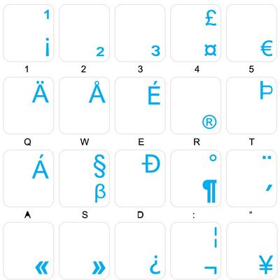 4Keyboard English US International Keyboard Decals with Blue Lettering Transparent Background for Desktop, Laptop and Notebook