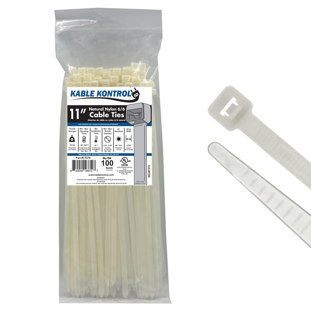 Kable Kontrol Heavy Duty Cable Zip Ties 100 Pcs 11 Inch, Natural White, 120 Lbs Tensile Strength, Self-locking Nylon Clear Plastic Wire Ties wraps for Indoor or Outdoor Use