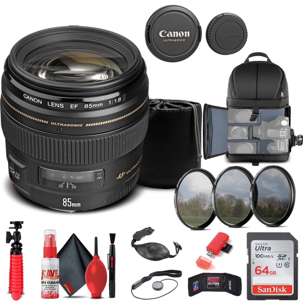 Canon EF 85mm f/1.8 USM Lens (2519A003) + Filter Kit + Backpack + 64GB Card + Lens Pouch + Card Reader + Flex Tripod + Memory Wallet + Cap Keeper + Cleaning Kit + Hand Strap + More (Renewed)