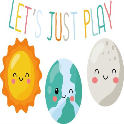 Let's Just Play with Sun Earth and Moon Happy and Creative Design for Kid's Playroom Vinyl Wall Decal - Entrance Banner Phrase for Kid's Playhouse Room Wall Decoration 20" x 12"