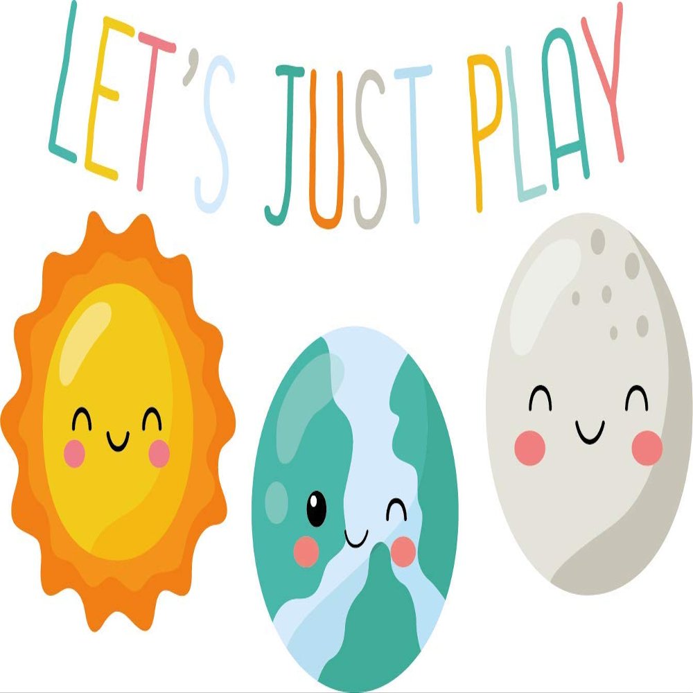 Let's Just Play with Sun Earth and Moon Happy and Creative Design for Kid's Playroom Vinyl Wall Decal - Entrance Banner Phrase for Kid's Playhouse Room Wall Decoration 20" x 12"