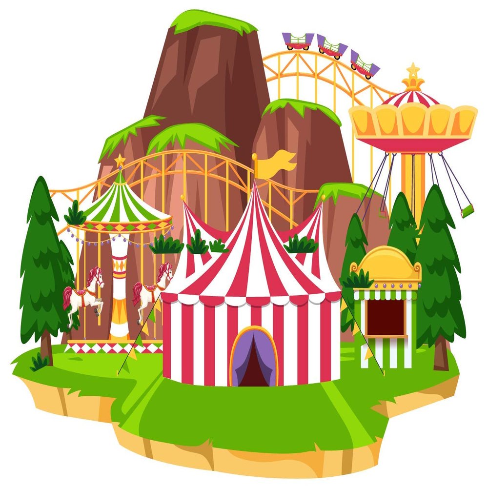 Circus Tent with Ferris Wheel and Roller Coaster with Mountain Background Artwork Creative Design Vinyl Wall Decal - Fun House Hut Playground Art for Nursery and Kid's Room Wall Decoration 28" x 19"