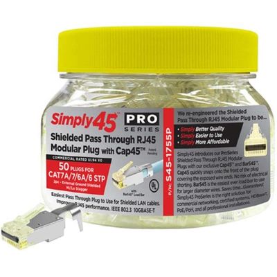 Simply45 S45-1755P S45-1755P - ProSeries 10G Shielded External Ground - Pass Through RJ45 Modular Plug with Cap45 & Bar45