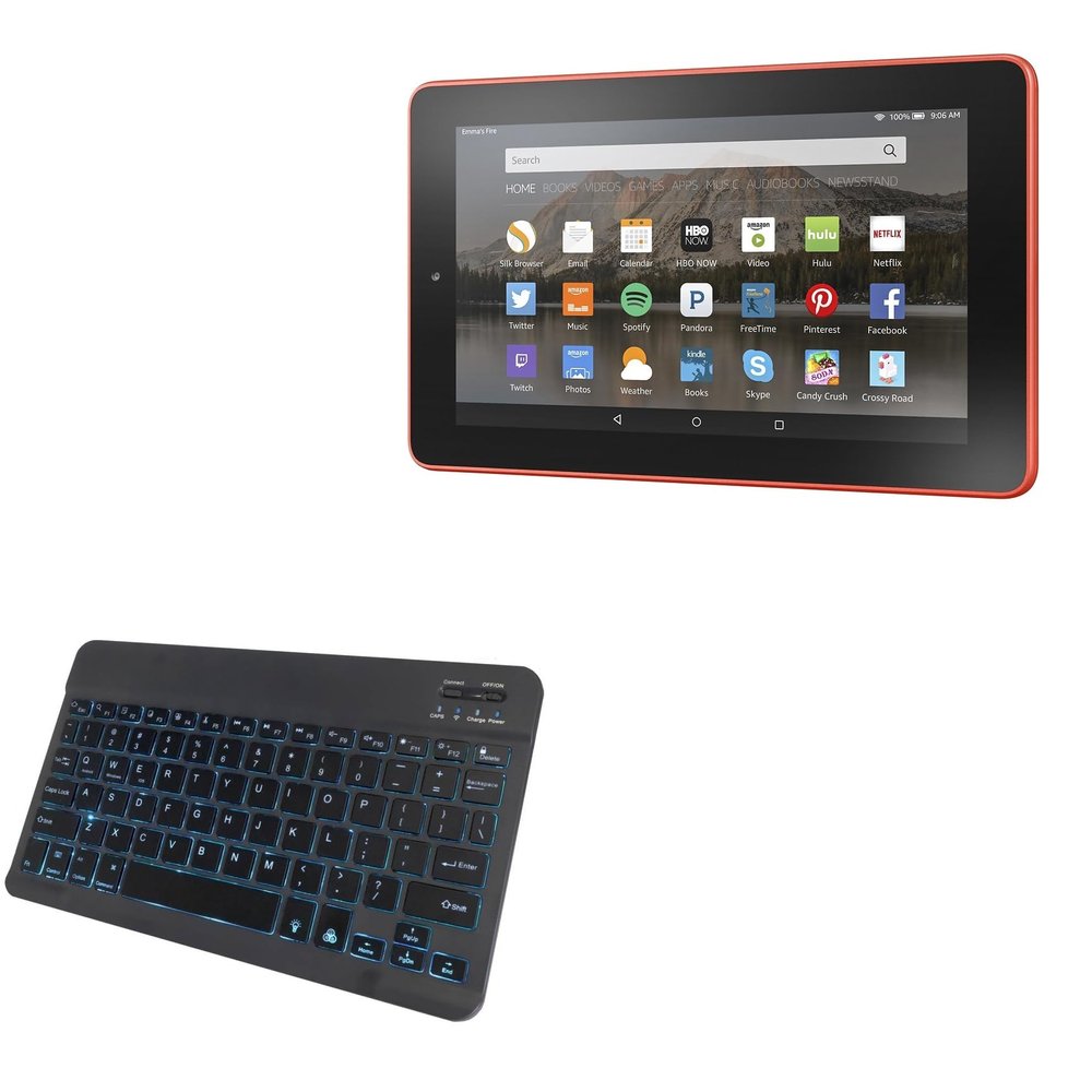 BoxWave Keyboard Compatible with Amazon Fire (5th Gen 2015) - SlimKeys Bluetooth Keyboard - with Backlight, Portable Slim LED 7 Colors - Jet Black