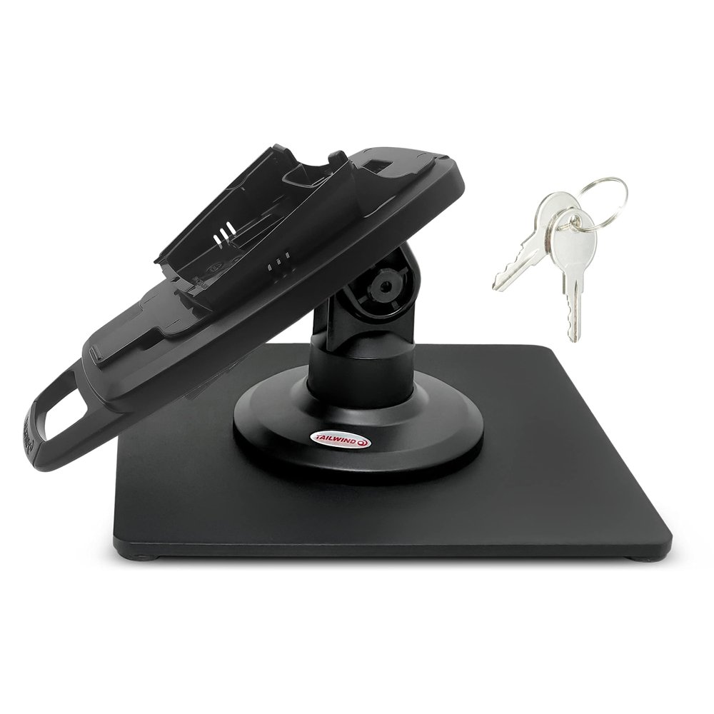 ENS Tailwind Ingenico IWL 220/IWL 250 3" Latch and Key Lock Compact Pole Mount Terminal Stand with Square Freestanding Mobility Base Plate, Black