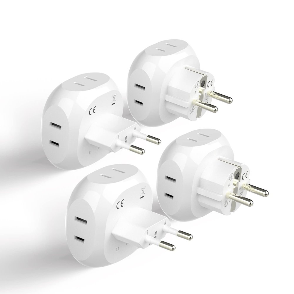 Ceptics Europe Travel Adapter Plug Set Schuko - 4 Input - Ultra Compact - Light Weight Type C, Type E/F - USA to Any Type C E/F Countries Such as Germany, France- 4 Pack (PT-9-9C-4PK),White