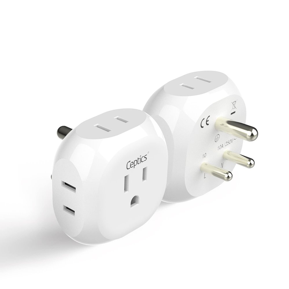 Ceptics India, Pakistan Travel Adapter - 4 Input - Ultra Compact - Light Weight - USA to Any Type D Countries Such as Bangladesh, Maldives and More - 2 Pack (PT-10)