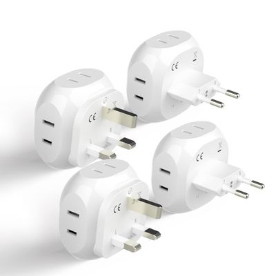 Ceptics Europe Travel Adapter Plug Set Schuko - 4 Input - Ultra Compact - Light Weight Type C, Type G - USA to Any Type C, G Countries UK, Ireland, Germany, France - 4 Pack (PT-9C-7-4PK),White