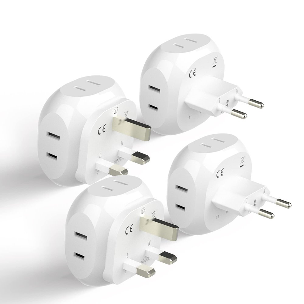 Ceptics Europe Travel Adapter Plug Set Schuko - 4 Input - Ultra Compact - Light Weight Type C, Type G - USA to Any Type C, G Countries UK, Ireland, Germany, France - 4 Pack (PT-9C-7-4PK),White