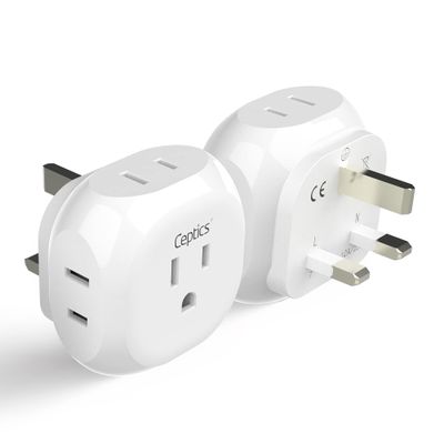 Ceptics US to UK Plug Adapter UK, Ireland Power Adapter Charger 4 Input - Ultra Compact - Light Weight - USA to Any Type G Countries Such as Hong Kong, England and More - 2 Pack (PT-7), White