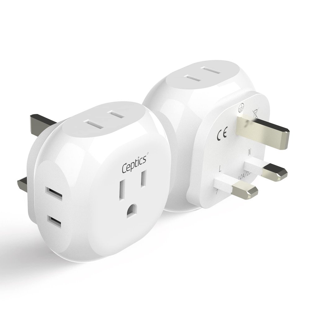 Ceptics US to UK Plug Adapter UK, Ireland Power Adapter Charger 4 Input - Ultra Compact - Light Weight - USA to Any Type G Countries Such as Hong Kong, England and More - 2 Pack (PT-7), White