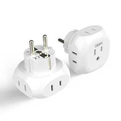 Ceptics European Schuko Travel Plug Adapter Germany France Adapter Charger 4 Input - USA to Any Type E/F Countries Such as Germany, France and More - 2 Pack (PT-9), White