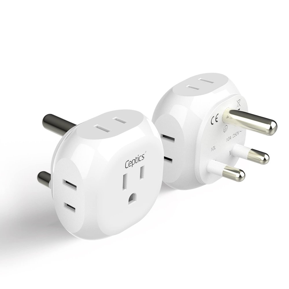 Ceptics South Africa Travel Plug Adapter South Africa Power Adapter Charger 4 Input - USA to Any Type M Countries Such as Botswana, Namibia and More - 2 Pack (PT-10L), White (PT-10L-2PK)