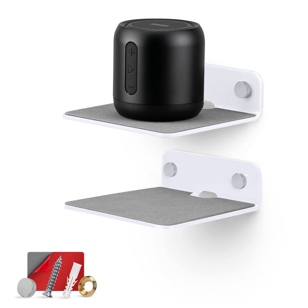 BRAINWAVZ 2-Pack 4 Small Floating Shelf Bluetooth Speaker Stand, Adhesive & Screw Wall Mount, Anti Slip, for Cameras, Baby Monitors, Webcam, Router & More, Universal Holder (SHELF11 White)