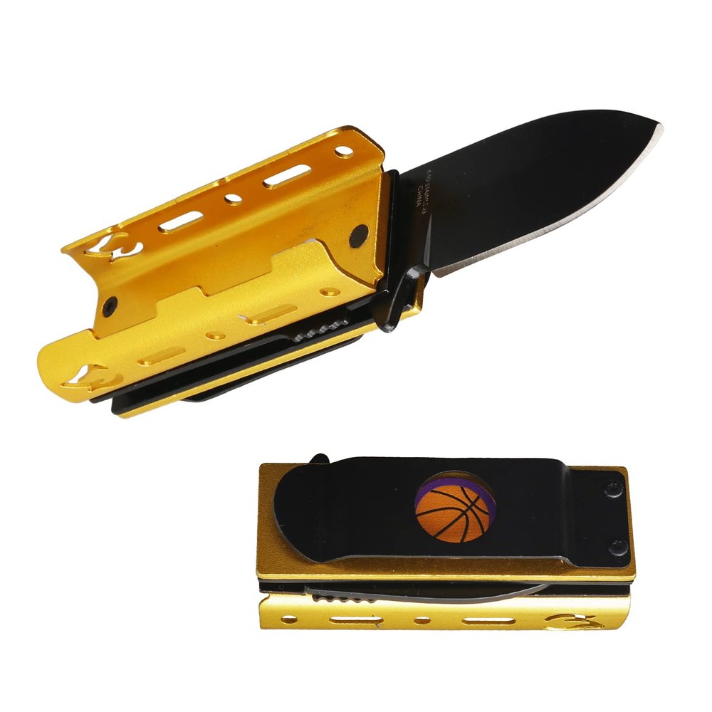 Munetoshi Purple and Gold Basket Ball 1.75 Blade Pocket Knife Lighter Holder