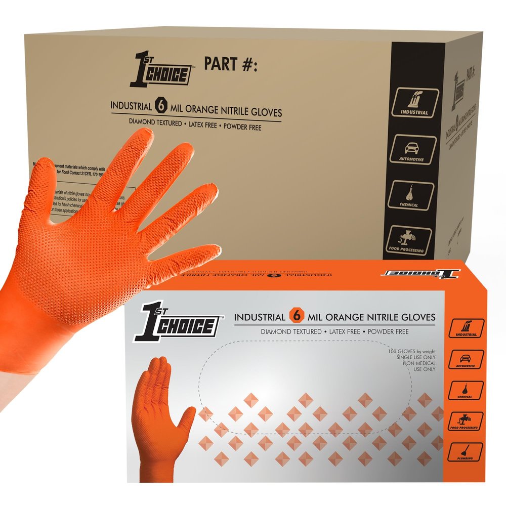 1st Choice 6 mil Orange Gloves, Disposable, Latex Free, Raised Diamond Grip, Mechanic Glove for Men, Medium, Case of 1000