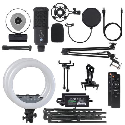 Content Creator Kit Advanced+ for Streaming on YouTube, TikTok, Instagram, Facebook, OBS, Streamlabs, XSplit (LED Ring Light with Stand, Webcam, USB Studio Microphone)