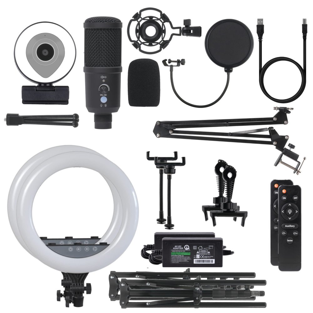 Content Creator Kit Advanced+ for Streaming on YouTube, TikTok, Instagram, Facebook, OBS, Streamlabs, XSplit (LED Ring Light with Stand, Webcam, USB Studio Microphone)