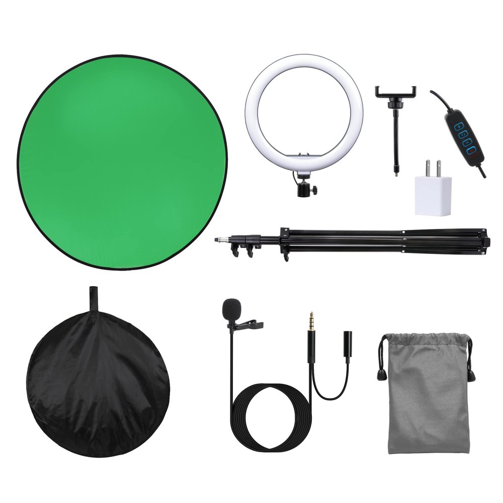 Video Conference Kit Essentials+ for Hybrid/Remote Work on Zoom, Teams, WebEx, GoToMeeting, Skype, Google Meets, OBS (Ring Light with Stand, Chromakey Green Screen, Lavalier Microphone)
